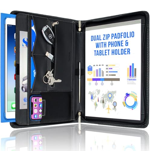 STYLIO Zipper Padfolio Portfolio Binder Organizer | Faux Leather Portfolio for Resume, Documents, Phone, Tablet, Business Supplies and Cards | Notebook Organizer with Letter Sized Notepad Included - color: Black, style: Executive Zip-Up Portfolio