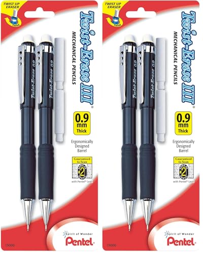 Pentel Twist-Erase III Mechanical Pencil, (0.9mm), Assorted Barrel Colors with 2 Eraser Refills (QE519BP2-K6) (Pack of 4) - size: 2 Count (Pack of 4)