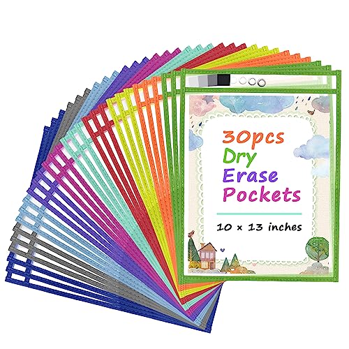 Antner 30 Pack Oversized Dry Erase Pockets Sleeves Reusable Ticket Holders, Clear Plastic Sheet Page Protectors, Heavy Duty Work Pockets School Teacher Classroom Office Organization Supplies, 10 Color - color: 10 Assorted Colors