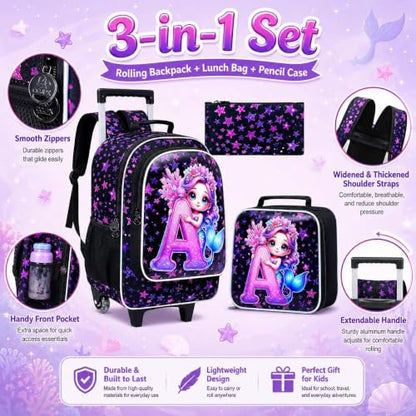 CCJPX 18" Mermaid Rolling Backpack for Girls, 3Pcs Kids Wheeled Bookbag with Lunch Box, Lightweight Roller School Bag for Elementary Preschool (Black) - color: A-star Mermaid