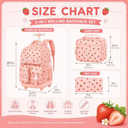 CCJPX Rolling Backpack for Girls, 3Pcs Roller Wheeled School Bookbag, Strawberryra Wheels Backpacks with Lunch Box for Kids (Pink) - color: Strawberry Pink