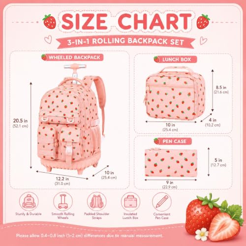 CCJPX Rolling Backpack for Girls, 3Pcs Roller Wheeled School Bookbag, Strawberryra Wheels Backpacks with Lunch Box for Kids (Pink) - color: Strawberry Pink