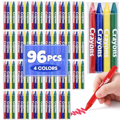 FUMILE 24 Sets of 4 Colors Crayons (96 Count), Crayons Bulk Individual Packs, Non-Toxic Mini Crayon for Kids Party Favors, Restaurants, School Supplies, Travel and More Events - style: 96 count