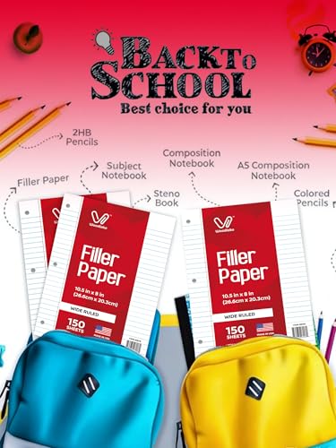 Woodlake Loose Leaf Paper, Wide Ruled Notebook Paper, 8 x 10.5”, 150 Sheets per Pack, 3 Pack Bulk Lined Filler Paper, 3 Hole Punched, 60gsm, Made in USA - color: Wide Ruled, size: 3 PACK(450 SHEETS)