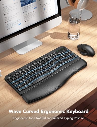 SABLUTE Wireless Keyboard and Mouse Combo with Ergonomic Wave Key | Leather Soft Palm Rest, 2.4G Full Size, 6-Button Mouse, 4-Level DPI, USB-A/C, MA12 Silent Set for PC, Laptop, Windows, macOS - color: Modern Black