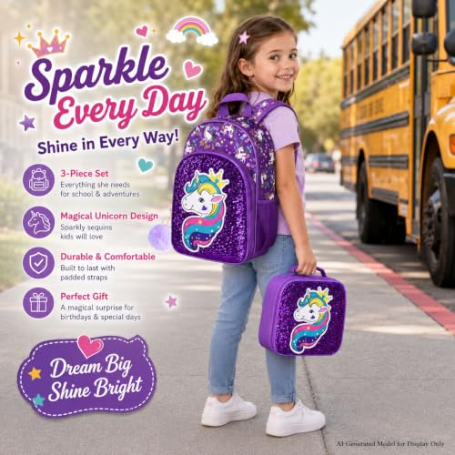 gxtvo 3PCS Girls Backpack, 16" Sequin Prechool Elementary Bookbag and Lunch Box - color: Unicorn Purple Hw