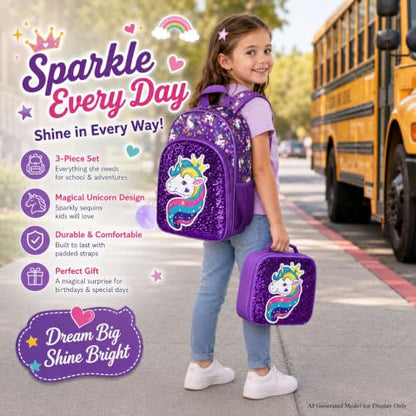 gxtvo 3PCS Girls Backpack, 16" Sequin Prechool Elementary Bookbag and Lunch Box - color: Unicorn Purple Hw