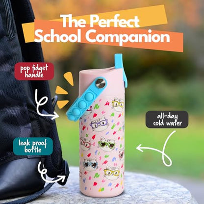 Elemental Insulated Kids Water Bottle, Stainless Steel Water Bottle with Straw Lid & Pop-It Handle, Leak-Proof Water Bottles for School, Boys or Girls, Travelling and Sports, 18oz - Stylish Cat - color: Stylish Cat