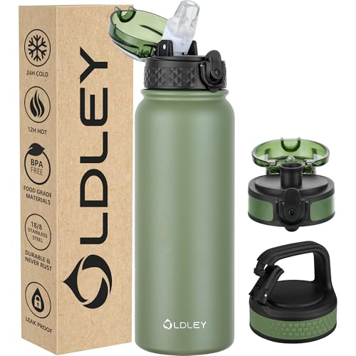 Oldley Insulated Water Bottle 20oz Water Bottles with Straw, Stainless Steel Water Bottle with 3 Lids, Double Wall Vacuum Bottles for Adult Kids, Sports Bottles for School Travel,Olive-green - color: Olive-green, size: 20 Ounces