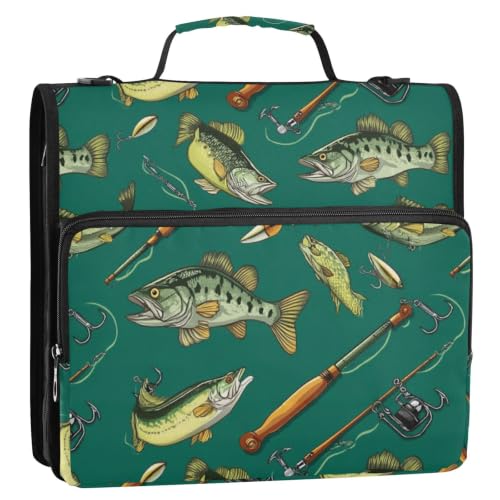3 Ring Zipper Binder Bass Fish Fishing Poles 500 Sheets Capacity Binder Organizer Bag with Shoulder Strap and Handle for School Office College Students - color: Bass Fish