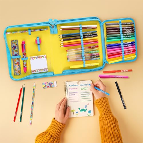 GirlZone 43-Piece Rainbow Filled Pencil Case with Supplies - Ages 7+ - Art Kit, Marker Binder & Stationery Set for Kids