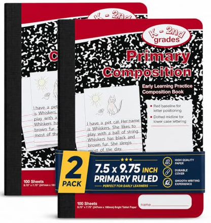 1InTheOffice Primary Composition Notebook K-2, Primary Journal, Kindergarten Notebook, 7.5" x 9.75", 100/Sheets, Red/Black Marble, 2 Pack