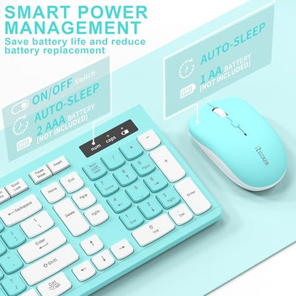 RECCAZR Wireless Keyboard and Mouse Combo, Full-Sized Keyboard and Adjustable DPI Mouse, 2.4GHz USB Receiver, Wireless for PC, Windows, Desktop, Laptop (Blue) - color: Tiffany Blue