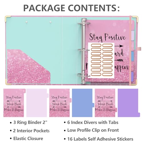 3 Ring Binder 2 Inch, Cute Pink Round Ring Binders with 6 Tab Dividers, Labels Stickers, Low Profile Clipboard with Storage, Fashion Binder School Office Supplies(Stay Positive) - color: Stay Positive