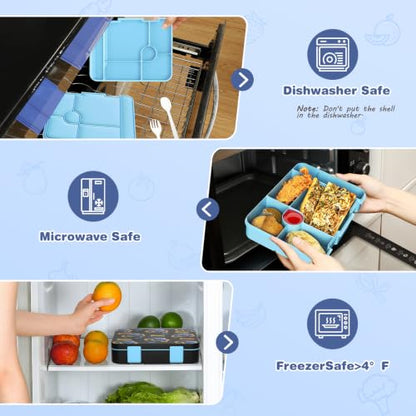 ACESAK Boys Backpack - Off-road Vehicle Bento Box with Insulated Lunch Bag Pencil Case & Utensils Set for Kids, 6 Leakproof Compartments Removable Tray Lunches or Snack Container - color: Blue Vehicle