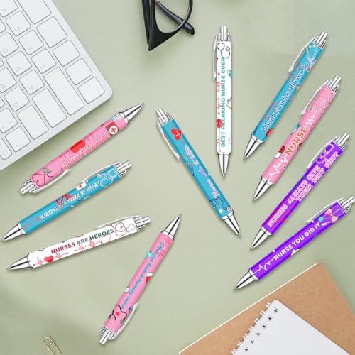 Idealmuzik Nurse Appreciation Week Ballpoint Pens Set of 10 – Nurse Theme Pens with Stethoscope, Heart & ECG Designs and Encouraging Quotes – Smooth Black Ink Pens for Hospital, Office, and Daily Use - style: Medicine