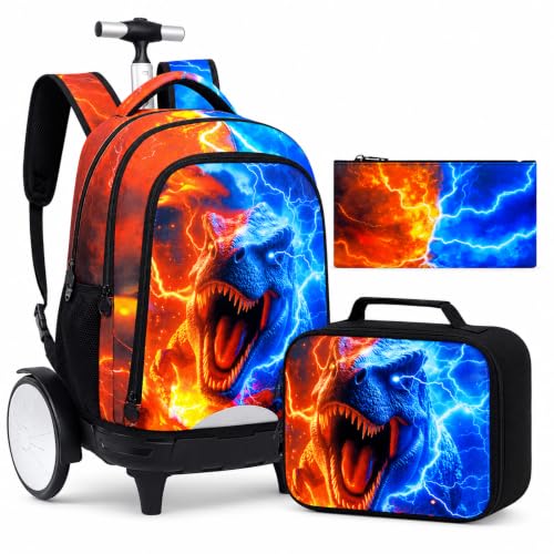 gxtvo Large Wheels & Quiet Glide | Rolling Backpack for Kids - Water-Resistant Wheeled Bag with Lunch Box for School, Travel & Outings - Fire & Lightning Dinosaur - color: Rolling Backpack Fire Lightning Dinosaur