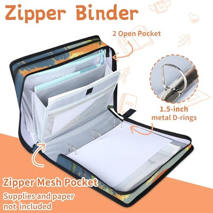 Summer Plam Sea Zipper Binder, 3 D-Ring Expanding File Folder with Handle & Adjustable Shoulder Strap, 400 Sheets Capacity Multi-Pocket Organizer for 13 Inch Laptop - color: Summer Plam Sea