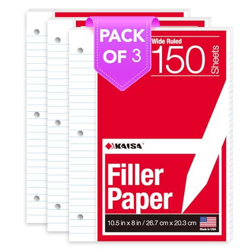 KAISA Filler Paper Loose Leaf Paper, Wide Ruled Paper, 8"x10-1/2", 3-Hole Punched Binder Paper For 3-Ring Binders,150 Sheets/pack 3Pack, F15001W - color: Wide, size: 3pack