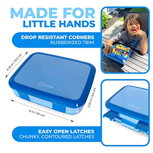 kinsho Bento Lunch Box for Kids Toddlers Boys, 5 Portion Sections Secure Lid, Microwave Safe BPA Free Removable Tray, Pre-School Kid Daycare Lunches Snack Container Ages 3 to 5, Blue - color: Blue