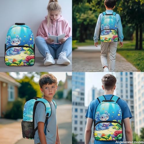 Blue Axolotl 4PCS Backpack Set for Elementary School Kids 6-11 - 17 inch Turtle Print Backpack withwith Insulated Lunch Box, Pencil Case & Water Bottle Holder for Back to School - color: Blue Axolotl