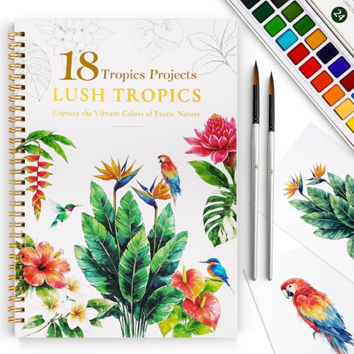 Watercolor Workbook for Beginners,18 Rich Tropics Exotic Rainforest Water Coloring Book,Relaxing & Easy to Paint Water Coloring Book with 24 Colors-Perfect for Gifting to Creativity & Joy for Adults - color: Tropical Theme