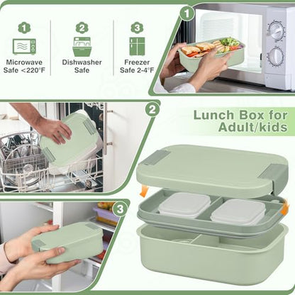 Bento Lunch Box Set with 10.5oz Soup Thermo Food Jar for Adults Kids, Stainless Steel Leak-proof Lunch Container, Coffee Tumbler with Lunch Bag for School Travel Office-Green - color: Green
