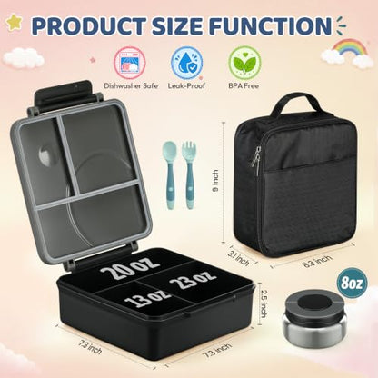 Itslife Bento Lunch Box for Kids with 8oz Soup Thermo&Lunch Bag, Leak-Proof Lunch Food Containers with 4 Compartment, Hot Food Insulated Food Jar for Kids School (Black) - color: Black