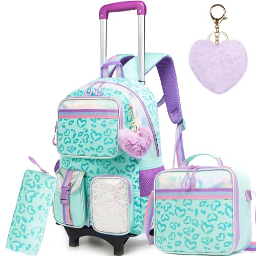 Meetbelify Girls Rolling Backpack with Wheels - Cute Kawaii Carry On Backpack for Elementary Students - Lunch Box Included - Travel Suitcase for Girls 8-10 - color: Love Green