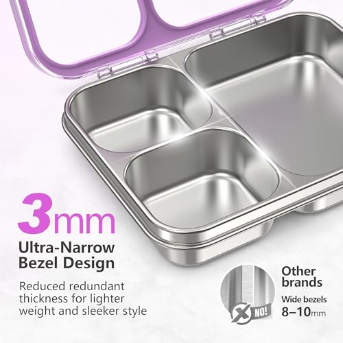 Stainless Steel Bento Lunch Box, 34oz/1000ml Leak Proof Metal Container, Lightweight 3mm Ultra-Narrow Bezel with Tritan Lid for Kids & Adults, 3-Compartment, BPA/BPS Free, Dishwasher Safe, Purple - color: Purple, size: 34oz/1000ml