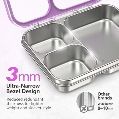 Stainless Steel Bento Lunch Box, 34oz/1000ml Leak Proof Metal Container, Lightweight 3mm Ultra-Narrow Bezel with Tritan Lid for Kids & Adults, 3-Compartment, BPA/BPS Free, Dishwasher Safe, Purple - color: Purple, size: 34oz/1000ml