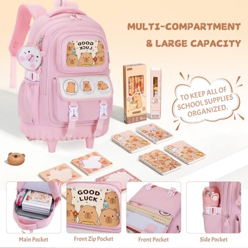 Capybara Rolling Backpack for Girls - 3PCS Girls Backpack Kids Suitcase with Lunch Box & Pencil Case Travel - Capybara Backpack with Wheels for Kindergarten Preschool Elementary (Pink) - color: Pink