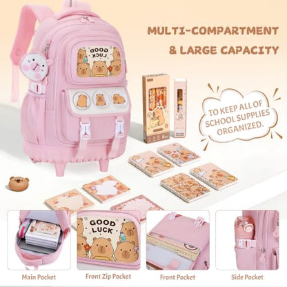 Capybara Rolling Backpack for Girls - 3PCS Girls Backpack Kids Suitcase with Lunch Box & Pencil Case Travel - Capybara Backpack with Wheels for Kindergarten Preschool Elementary (Pink) - color: Pink