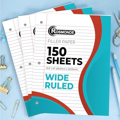 Rosmonde Loose Leaf Paper, 450 Sheets, 3 Pack, Wide Ruled Sheets, 8" x 10.5", Bulk Notebook Paper, 3 Hole Punched, 150 Sheets/Pack, Wide Ruled Paper for Binders, Loose Leaf Office Paper, White - color: Wide Ruled, size: 3 Pack (450 Sheets)