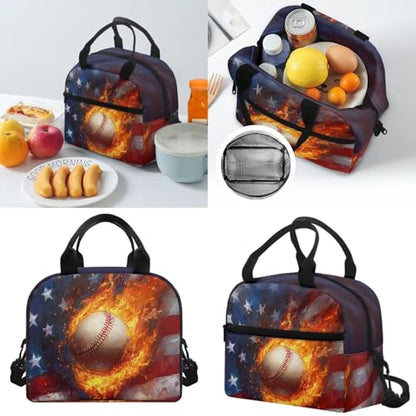 Horeset Baseball Flame American Flag Backpack for Kids Boys Travel Casual Backpack with Picnic Lunch Box Water Holder Case Primary Elementary School Bag Bookbag Set of 3Pcs 5-8 8-10 Years - color: Baseball Flame American Flag