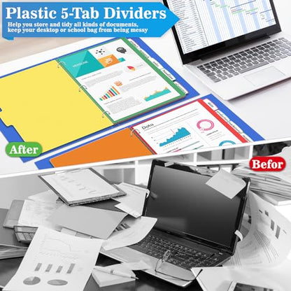 V-Opitos 12 Set 5-tab Index Dividers for 3 Ring Binders, Bulk Plastic Multicolor Dividers with 3 Holes Punched, Ideal School & Office Supplies