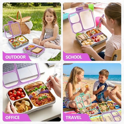 Stainless Steel Bento Lunch Box, 34oz/1000ml Leak Proof Metal Container, Lightweight 3mm Ultra-Narrow Bezel with Tritan Lid for Kids & Adults, 3-Compartment, BPA/BPS Free, Dishwasher Safe, Purple - color: Purple, size: 34oz/1000ml
