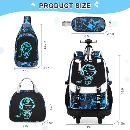 Bevalsa Rolling Backpack for Boys, Roller Backpack with Wheels, Wheeled School Bag with Sling Bag, Lunch Box & Pen Case for Kids Children Teens Elementary Middle Student Glow In The Dark - color: Blue