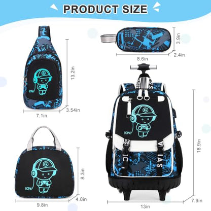 Bevalsa Rolling Backpack for Boys, Roller Backpack with Wheels, Wheeled School Bag with Sling Bag, Lunch Box & Pen Case for Kids Children Teens Elementary Middle Student Glow In The Dark - color: Blue
