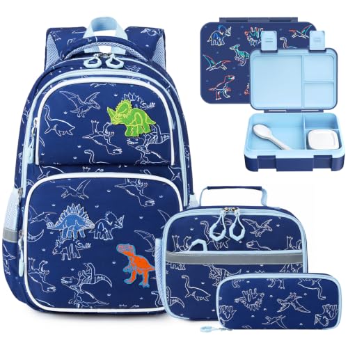 Kids Backpack for Boys 4-8, Cute 3D Embroidered Dinosaur Toddler Backpack with 34oz Lunch Box, Insulated Bag, Pen Case & Utensils, School Bookbag for Preschool Kindergarten Elementary Student - color: Dinosaur