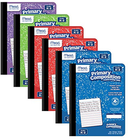 Mead Primary Composition Notebook K-2, 6 Pack Primary Ruled Composition Book, Color May Vary, Grades K-2 Writing Dotted Lined Notebook, 100 Sheets (200 Pages) 489902ELG
