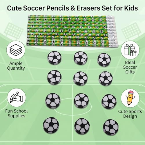 Zerodis 12 Pack Soccer Pencils Set, Football Theme Wooden HB Pencils Sports Party Favors with Erasers for Birthday Classroom School Supplies