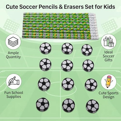 Zerodis 12 Pack Soccer Pencils Set, Football Theme Wooden HB Pencils Sports Party Favors with Erasers for Birthday Classroom School Supplies