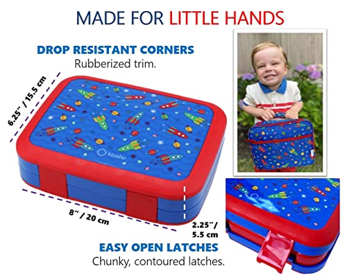 kinsho Bento Lunch Box, Water Bottle, Ice Pack Set For Kids Toddlers, 5 Portion Sections, Removable Plastic Tray, Small Pre School Daycare Lunches, Snack Container, Blue Red Space Rocket - color: Blue Red Rocket Set