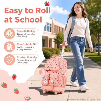 CCJPX Rolling Backpack for Girls, 3Pcs Roller Wheeled School Bookbag, Strawberryra Wheels Backpacks with Lunch Box for Kids (Pink) - color: Strawberry Pink