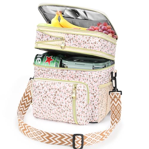 LOKASS Lunch Box for Women-16L-Insulated Lunch Bag Women, Expandable Double-layer Leakproof Cooler Bag with Upgrade Adjustable Shoulder Strap Ideal for Work/Travel/Picnics（White Flower） - color: White Flower