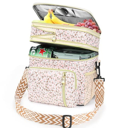 LOKASS Lunch Box for Women-16L-Insulated Lunch Bag Women, Expandable Double-layer Leakproof Cooler Bag with Upgrade Adjustable Shoulder Strap Ideal for Work/Travel/Picnics（White Flower） - color: White Flower
