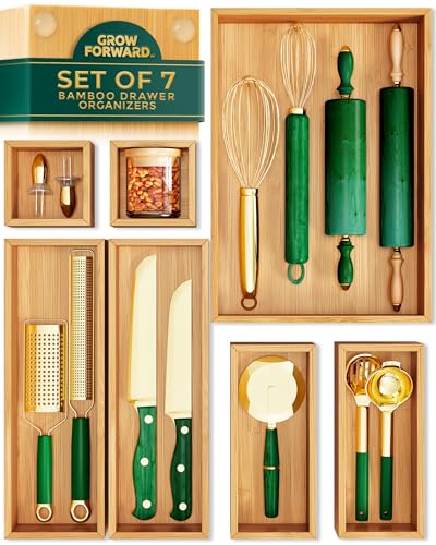 Grow Forward Bamboo Drawer Organizer Boxes - Set of 7 Wooden Drawer Organizers for Kitchen, Bathroom, Office, Desk, Vanity, Makeup - Non-Slip Junk Drawer Organizer Trays for Storage and Organization - size: 7-Piece