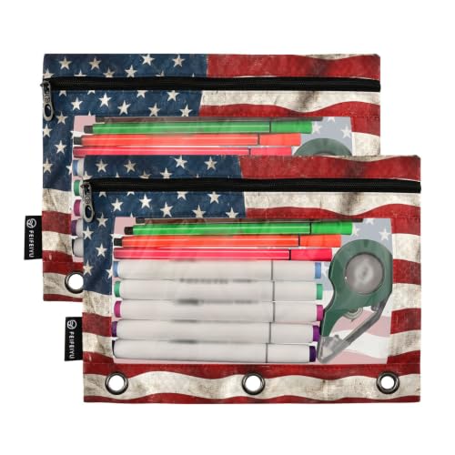 Gredecor 3 Ring Binder Pencil Pouch, American Flag Wooden Pattern-2 Zippered Pen Case Pouches with Clear Window, 2 Pack Stylish Office & School Supplie - color: American Flag Wooden Pattern-2