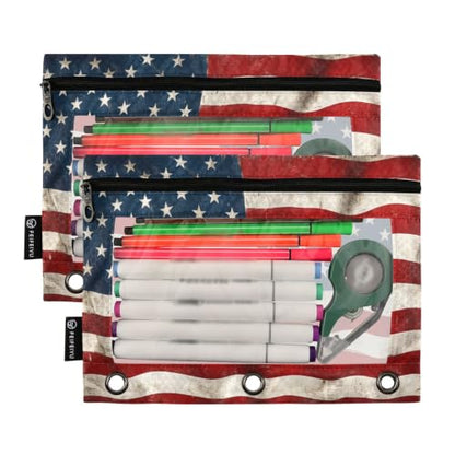 Gredecor 3 Ring Binder Pencil Pouch, American Flag Wooden Pattern-2 Zippered Pen Case Pouches with Clear Window, 2 Pack Stylish Office & School Supplie - color: American Flag Wooden Pattern-2